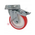 Nylon and polyurethane swivel castor with housing and brake in stainless steel