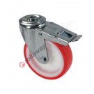 Nylon and polyurethane bolt hole swivel castor with housing and brake in stainless steel
