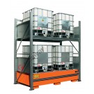 Metal storage shelves with spill pallet for 4 1000 lt IBCs on 2 levels