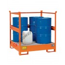 Drum sump pallet in painted steel with grid and open sides 1350 x 1260 x 1430 mm for 4 drums