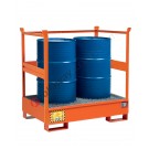 Stackable drum sump pallet in painted steel with grid and open sides 1350 x 860 x 1460 mm for 2 drums