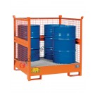 Stackable drum sump pallet in painted steel with grid and mesh sides 1350 x 1260 x 1430 mm for 4 drums