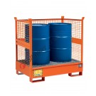 Stackable drum sump pallet in painted steel with grid and mesh sides 1350 x 860 x 1460 mm for 2 drums