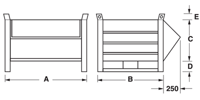 Dimensions open-fronted metal container skids on short side