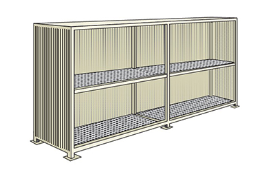 Storage container in steel with spill pallet and 2 levels for 12 tanks 1000 lt