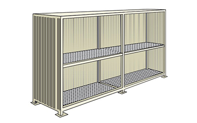 Storage container in steel with spill pallet and 2 levels for 8 tanks 1000 lt