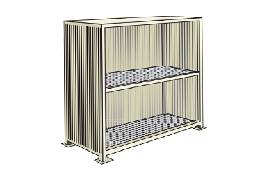 Compact storage container in steel with spill pallet and 2 levels for 4 tanks 1000 lt